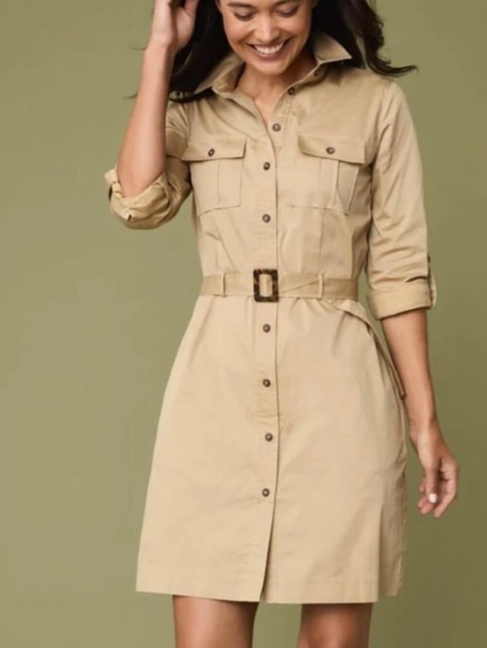 UNTUCKit Kaia khaki safari long convertible sleeve button-front shirt dress